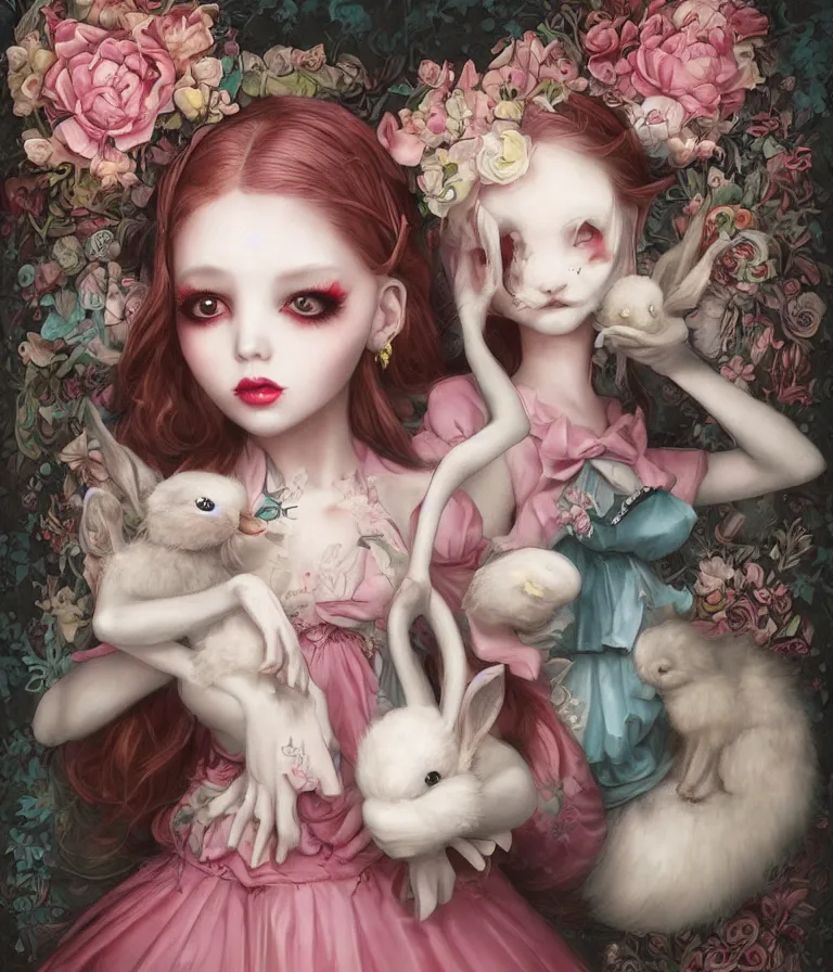 Image similar to pop surrealism, lowbrow art, realistic cute alice girl holding a bunny painting, japanese street fashion, hyper realism, muted colours, rococo, natalie shau, loreta lux, tom bagshaw, mark ryden, trevor brown style