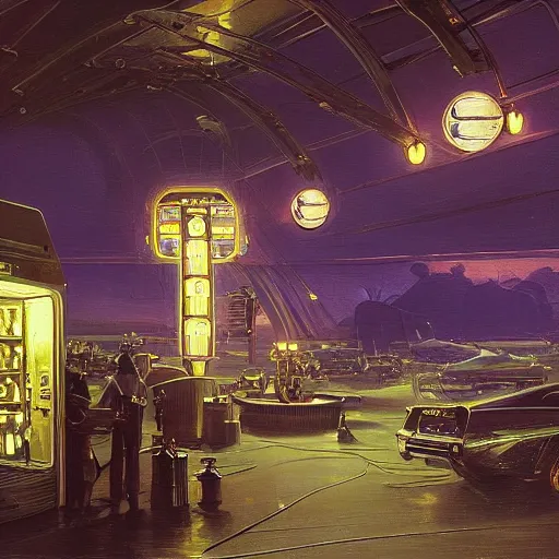 Prompt: painting of syd mead artlilery scifi gas station with ornate metal work lands on a farm, filigree ornaments, volumetric lights, purple sun, andreas achenbach