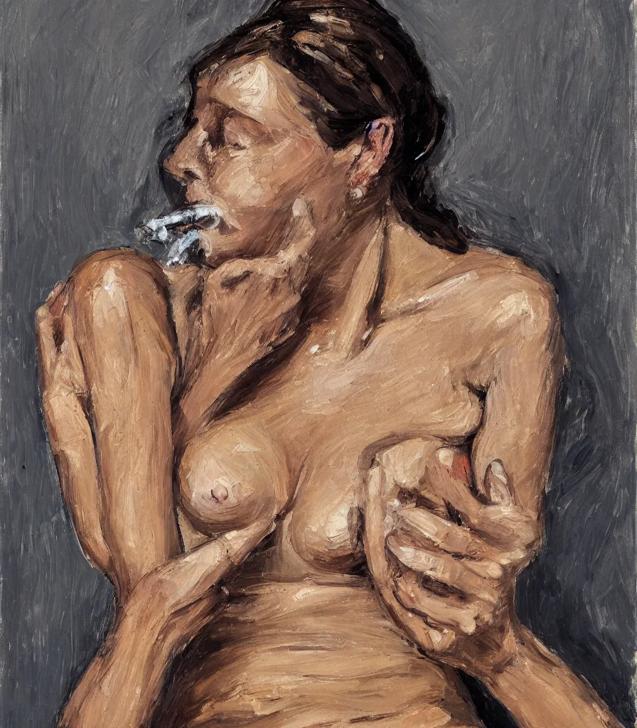 Image similar to the face and shoulders of a young woman without shirt in the style of lucian freud. smoking a cigarette. one hand is reaching behind he head. face has many wrinkles, cuts and character. he is looking down. oil painting, thick brush strokes. shadows. clean gray brown background. lit by a single light from above his head. perspective from below. 5 0 mm