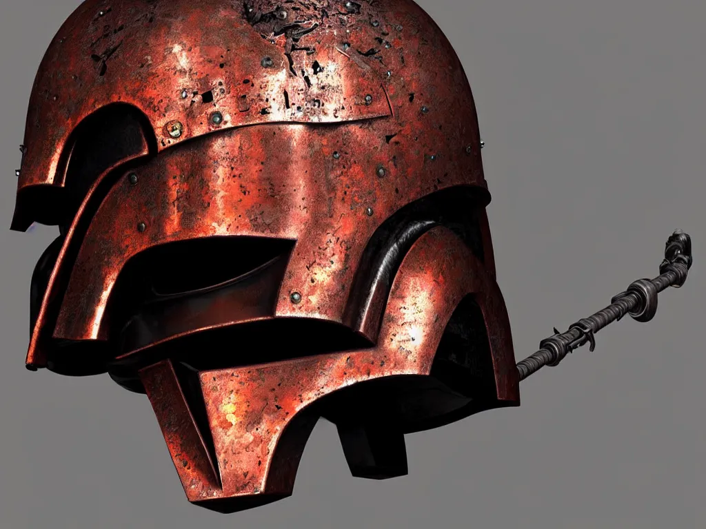 Image similar to darth vader's helmet made of rusted iron with rivets, exquisite detail and texture, octane render, trending on artstation, trending on deviantart, artgerm, photorealizitic, epic digital art,