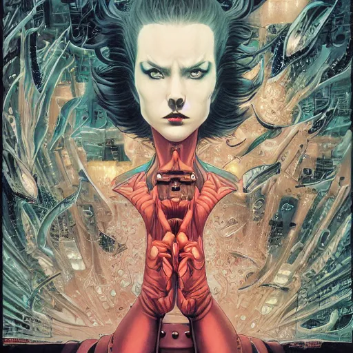 Image similar to portrait of crazy rachael blade runner, symmetrical, by yoichi hatakenaka, masamune shirow, josan gonzales and dan mumford, ayami kojima, takato yamamoto, barclay shaw, karol bak, yukito kishiro