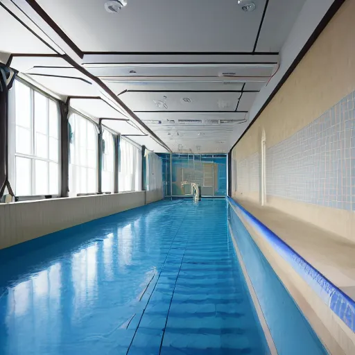 Image similar to the Poolrooms, an expansive complex of interconnected rooms and corridors slightly submerged in undulating, lukewarm water. Each area of the level varies greatly in size and structure, ranging from uniform pools and hallways to more open, abnormally-shaped areas. The walls, ceilings, and floors of the level all appear to be constructed from the same white ceramic tile, with the only deviation from this color being the blue-green hue of the water.