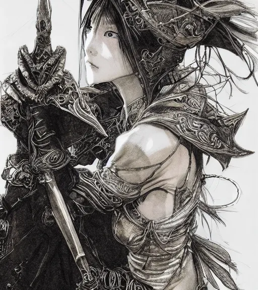 Prompt: portrait of anime woman wearing witch hat in armor, pen and ink, intricate line drawings, by craig mullins, ruan jia, kentaro miura, greg rutkowski, loundraw