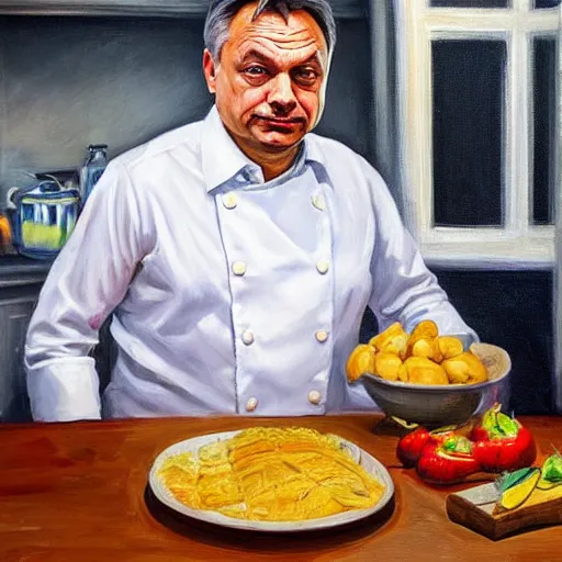 Prompt: viktor orban in his kitchen, oil painting