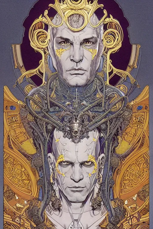 Image similar to a beautiful full-color art nouveau bust portrait of a godlike and stoic alien king, with benevolent and loving eyes, extremely detailed frontal angle, art nouveau cyberpunk engraved armor and intricate crown of infinite power, perfectly symmetrical facial structure and framework, honorable and honest alien facial features of ageless wisdom, by michael kaluta and travis charest, dark sci-fantasy, deeply ornate complexity, male face and bust, human anatomy mixed with alien and cyborg characteristics, sci-fi character concept, photorealism, epic art nouveau framing, stunning lighting, hyperrealism, 8k