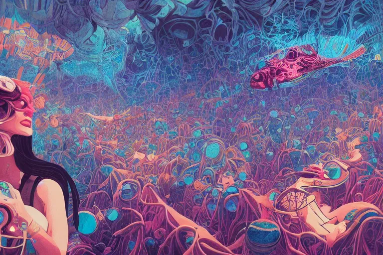 Prompt: an underground river full of lost souls, dark vibrant shades of blue, depressing and hopeless vibe, tristan eaton, victo ngai, artgerm, rhads, ross draws