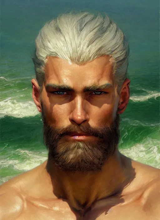 Prompt: detailed cinematic wide shot of muscular attractive young aztecc man beard slim face symmetrical face tanskin green eyes white hair wearing sea clothes, ultra realistic, spring light, painting by gaston bussiere, craig mullins, j. c. leyendecker