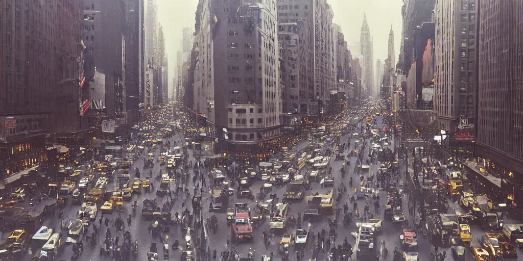 Prompt: a real photo of a perfect new york busy street viewed from a very far away skyscraper's window, by saul leiter, color photography, ultra detailed, cinematic, 4 k uhd