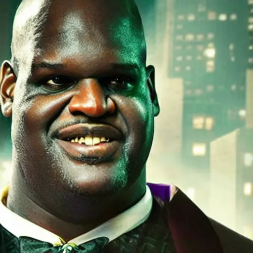 Prompt: cinematic close - up film still of shaquille o ’ neal as the joker in gotham city