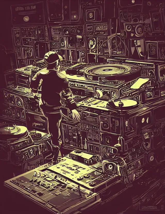 Prompt: “A DJ man playing records while large crowd of people are dancing wildly in a room full of electronic steampunk equipment with lots of electric wires and large loudspekers and audio meters. Artstation. Bright spotlights and strobo lights. Dark, highly detailed. In a style of Mike Savad.”