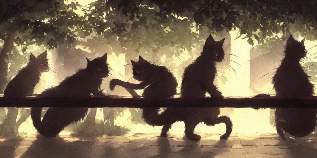 Image similar to several cats sitting on a bench, close up shot, anime art, Greg Rutkowski, studio ghibli, dramatic lighting