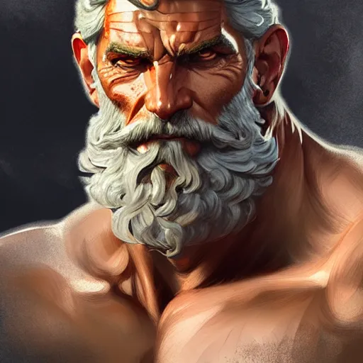 Image similar to portrait of rugged zeus, greek god d & d, muscular, fantasy, intricate, elegant, highly detailed, digital painting, artstation, concept art, smooth, sharp focus, illustration, art by artgerm and greg rutkowski and alphonse mucha