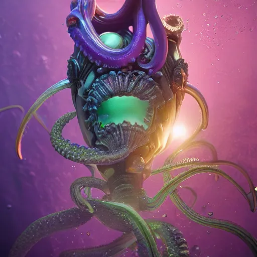 Image similar to tom bagshaw, ultra realist waves miniatures underwater curiosities squids carnival, a single very beautiful long tentacles in full underwater armor, symmetry accurate features, focus, very intricate ultrafine details, green purple aqua volumetric lights, award winning masterpiece, octane render 8 k hd