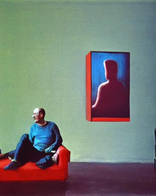 Image similar to early color photo of a very couple sitting on a couch in an old soviet apartment and looking at the scared enlightened boy flying up in sky,, Beksinski painting, painting by Gerhard Richter. Francis Bacon masterpiece, 2007 93 666. thick flowing expressive impasto acrylic painting