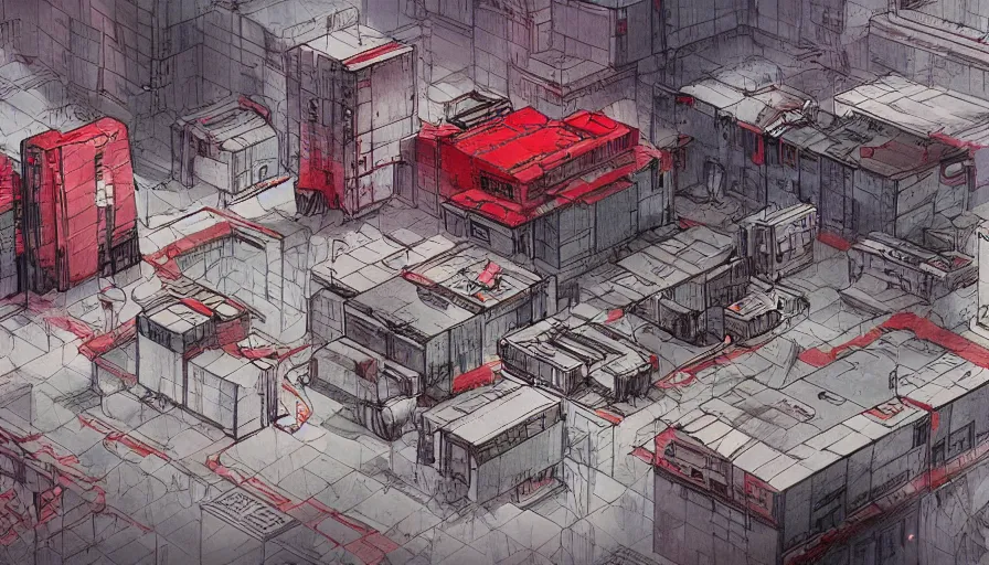 Prompt: Concept Art Sketch of neo-Tokyo Maximum Security Mint, in the Style of Akira, Anime, Dystopian, Highly Detailed, Red Building, Helipad, Special Forces Security, Giant Crypto Vault, Docks, Shipping Containers, Helicopter Drones, 19XX :2 Akira Movie style : 8