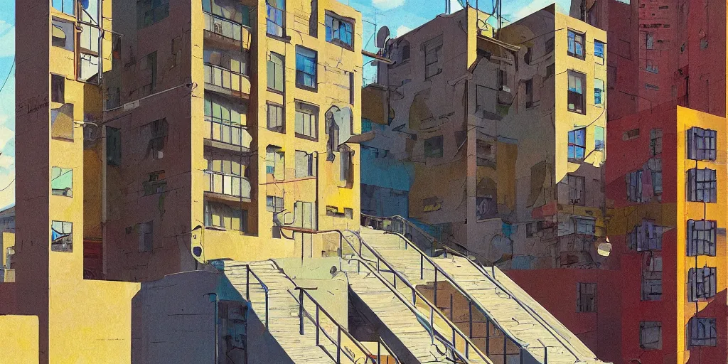 Image similar to neo brutralism, concrete housing, a long stairway going up, concept art, colorful, vivid colors, sunshine, light, shadows, reflections, oilpainting, cinematic, 3D, in the style of Akihiko Yoshida and Edward Hopper