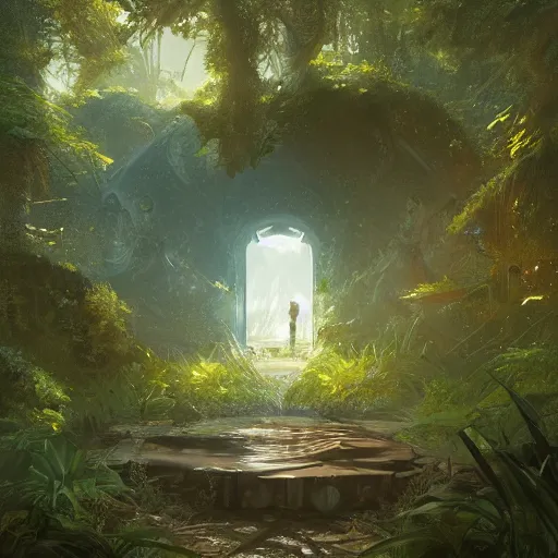 Prompt: Multiversal Portal in the center of a lush environment, illustrated by Greg Rutkowski, trending on artstation, artstationHQ, artstationHD, artstation digital artwork, large brush strokes, 4k, 8k