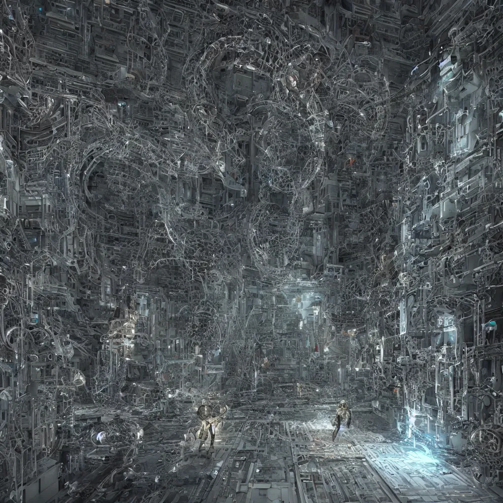 Image similar to “a cyborg human connected to a memory vault living in a simulation that is manifesting a high detailed structural temple made out of atoms, highly detailed in 4K, hyper realistic”