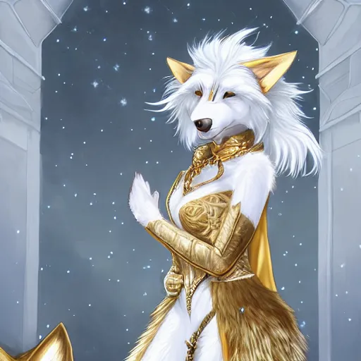 Image similar to commissioned full body portrait of a female anthro furry wolf princess fursona with a feminine wolf head with white hair wearing a white and gold armored dress in a white and gold palace, by Wlop and jerry park, artstation, extremely detailed