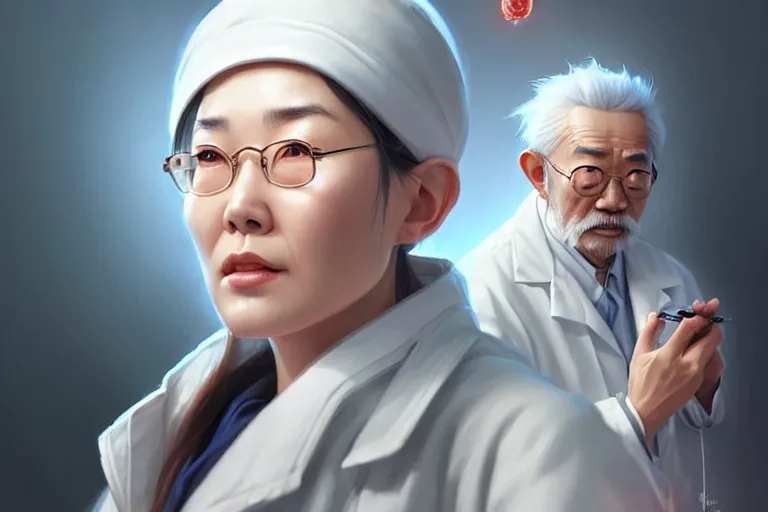 Image similar to a cute female doctor in a white coat, a chinese old man, cinematic, highly detailed, digital painting, artstation, concept art, matte, sharp focus, illustration, art by artgerm and greg rutkowski