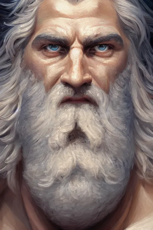 Prompt: painted portrait of rugged zeus, god of thunder, greek god, white hair, masculine, mature, handsome, blue eyes, upper body, muscular, hairy torso, fantasy, intricate, elegant, highly detailed face, digital painting, artstation, concept art, smooth, sharp focus, illustration, art by gaston bussiere and greg rutkowski