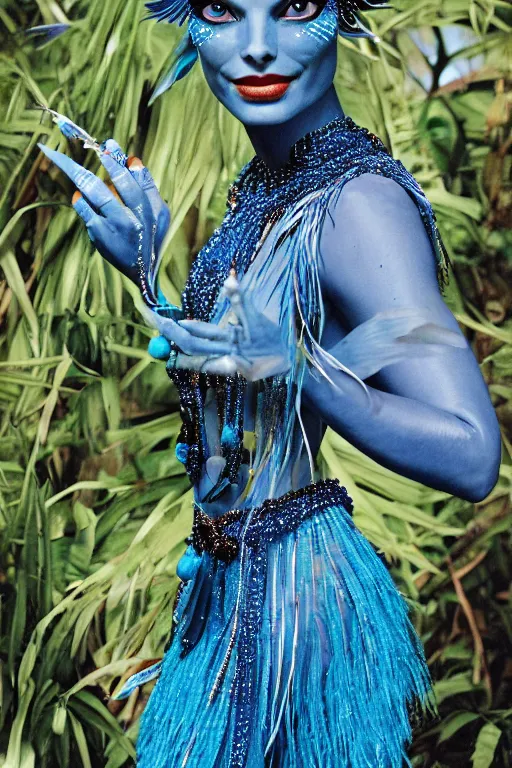 Prompt: margot robbie as a blue - skinned navi from the movie avatar wearing an elaborate beaded outfit, cosplay, photo by bruce weber