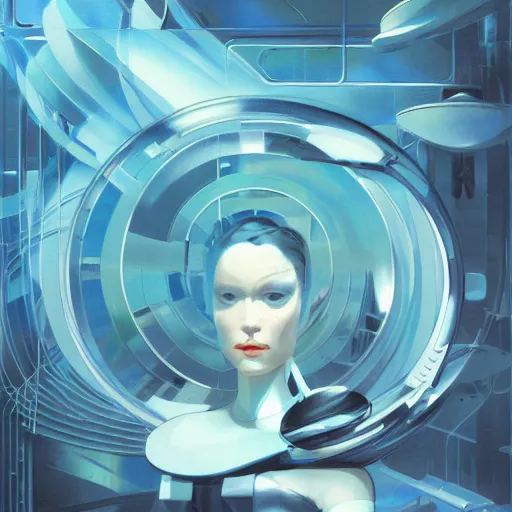 Image similar to scifi futurism automaton minimalism chrome by peter mohrbacher art Hajime Sorayama airbrush hyperrealism model abstract shatter fragments cubism futurism pastel blue soft flat minimal minimalism portrait face jackson pollock ukiyo-e lithograph mark ruthko swirl escape noise shimmer glow paint