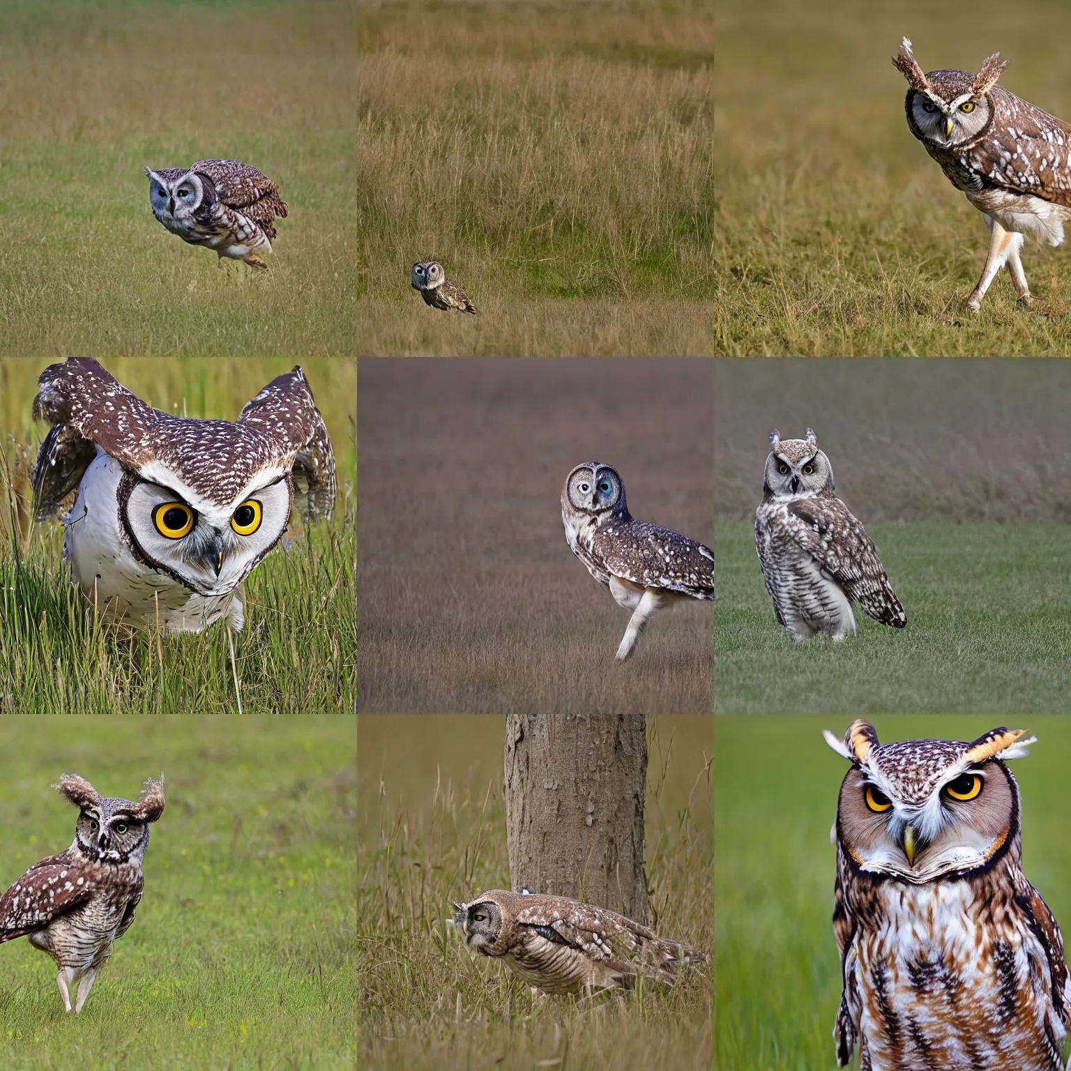 Prompt: owl deer body, short antlers, nat geo, national geographic, photo, nature photography, f16, telephoto zoom, 100mm, wide shot, walking on grass, grazing