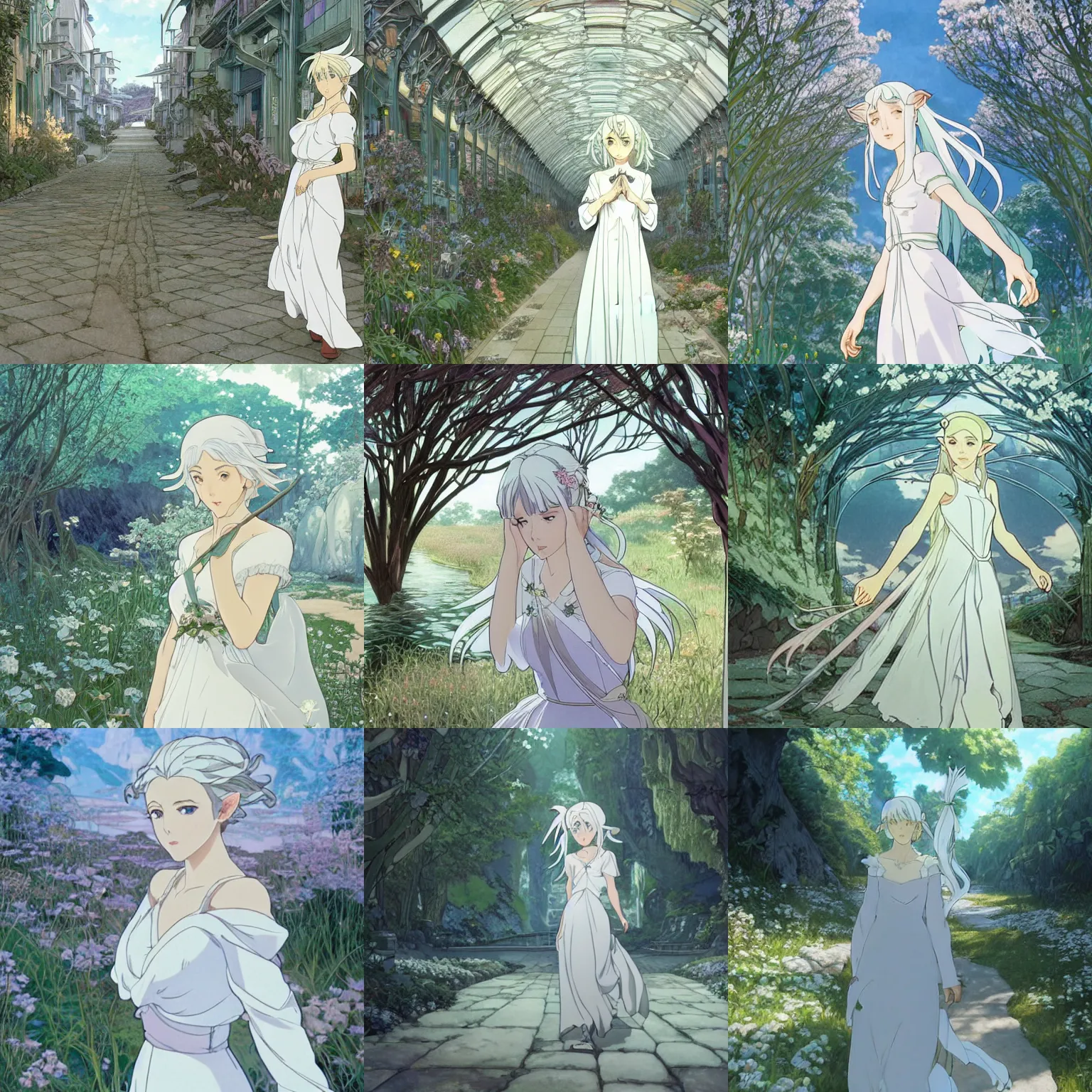 Prompt: Portrait of a beautiful silver-haired elf wearing a white dress walking through a city reclaimed by nature, fantasy, defined facial features, highly detailed, animation cel, official Kyoto Animation and Studio Ghibli anime screenshot, by Makoto Shinkai and Alphonse Mucha