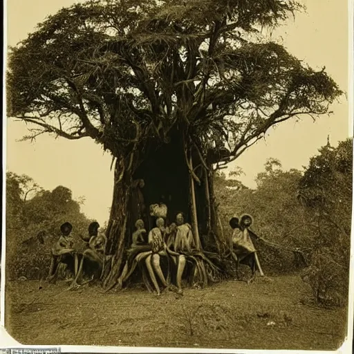 Prompt: a 1905 colonial photograph of an African village hut with natives around a giant tree draped in slime on the banks of the river Congo , Thick jungle,scary, evil looking, wide angle shot