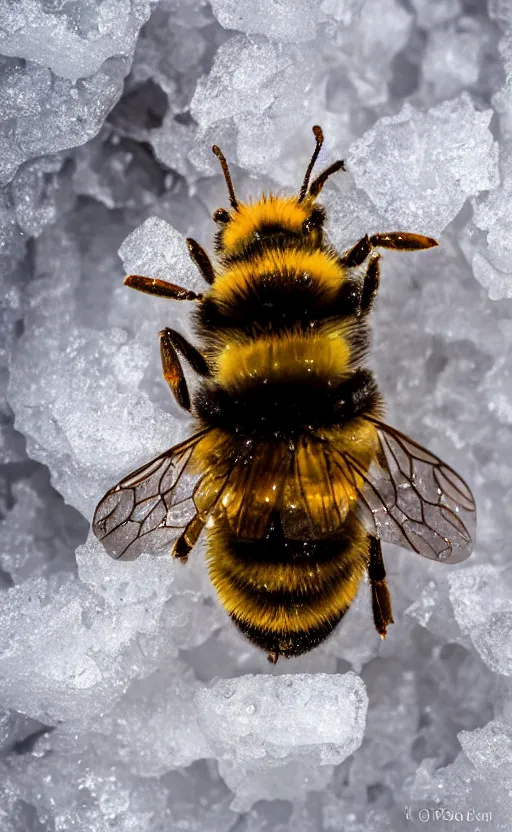 Image similar to a bee finding a beautiful flower, entrapped in ice, only snow in the background, beautiful macro photography, ambient light