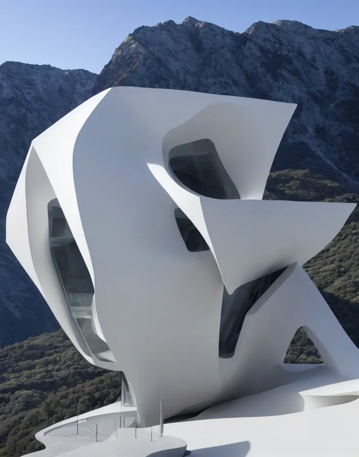 Prompt: zaha hadid 3 d construction printed house on the mountain, soft light