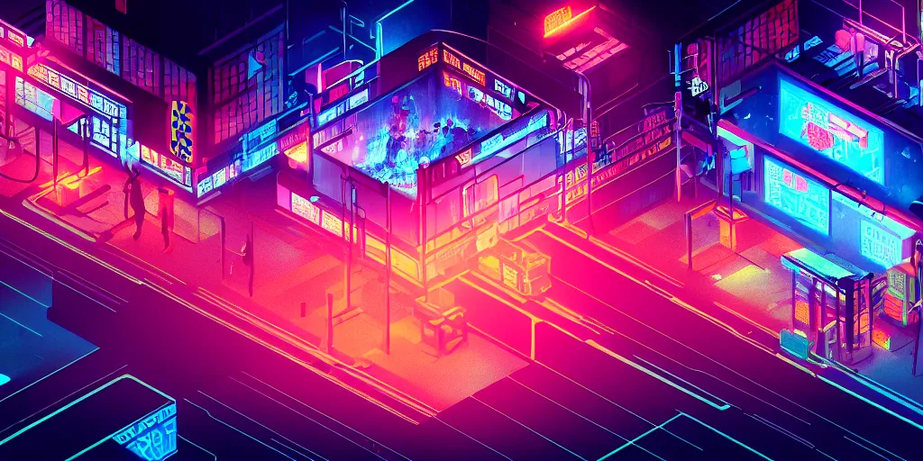 Image similar to isometric room of factory exploding at night in the center of a futuristic sci-fi asian city, signboards, neon lights, blade runner color palette, rendered in octane render by Yasunari Ikenaga, Yamato, Macross