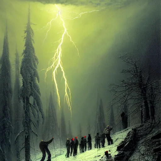 Image similar to a beautiful painting of group of climbers, extreme cold, storm, octane rendering, grim, dark, gloomy, cruel, volumetric lightning, hyperrealism, no blur, 4 k resolution, ultra detailed, style of john atkinson grimshaw, ivan shishkin, tyler edlin, scott listfield, eric zener