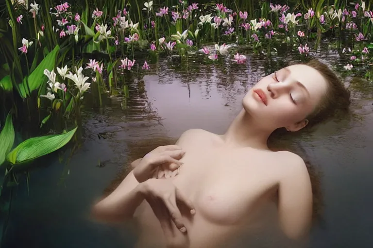 Prompt: cinematic 3 d portrait of a woman's porcelain head and shoulders floating in a pond, surrounded by a forrest of lillies, deep focus, intricate, elegant, highly detailed, matte, sharp focus, by bill henson and gregory crewdson and james jean