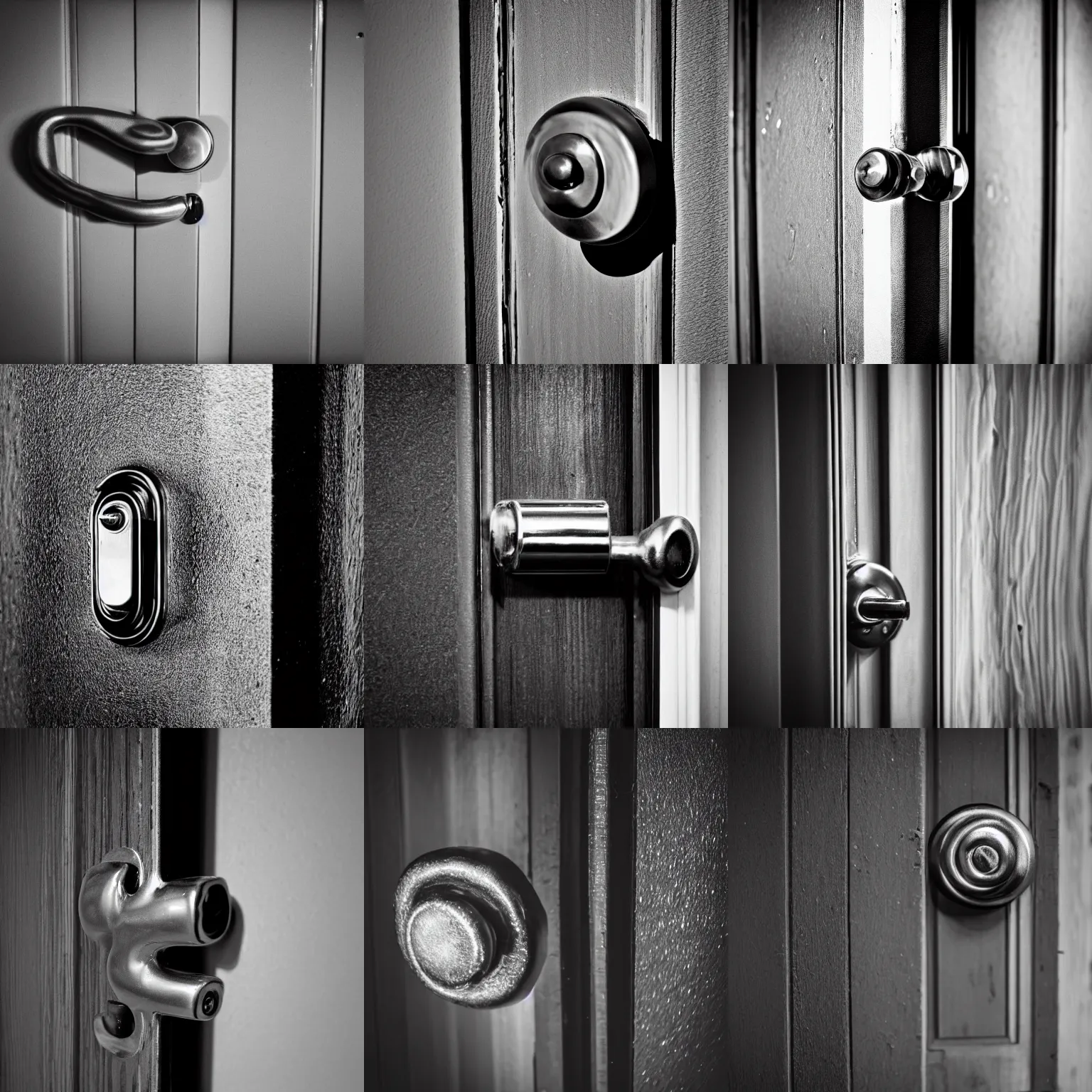 Prompt: extreme close up of a door handle, spotlight lighting, horror aurora, hard shadows, flashy, professional photography, black and white, film, scary