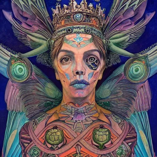 Image similar to the bone crown, the crown of wings, by Annie Swynnerton and Nicholas Roerich and Diego Rivera, bioluminescent skin, tattoos, elaborate costume, geometric ornament, symbolist, cool colors like blue and green and violet, smooth, sharp focus, extremely detailed