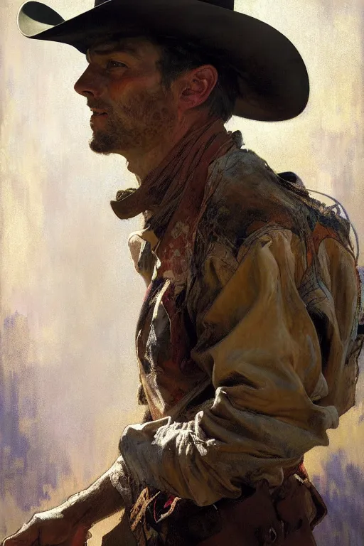 Prompt: hyperrealist portrait of a rodeo cowboy by jeremy mann and alphonse mucha, fantasy art, photo realistic, dynamic lighting, artstation, poster, volumetric lighting, very detailed faces, 4 k, award winning