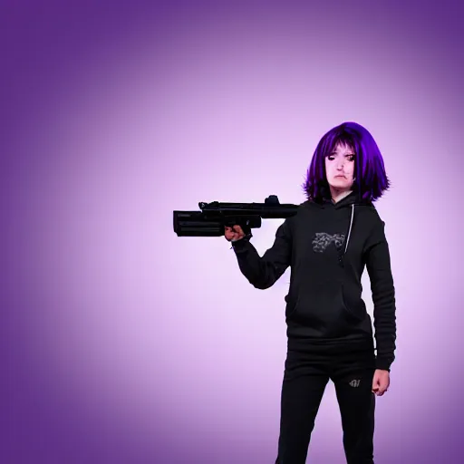 Prompt: poster artwork, sci fi, art type of photo, a female, full body, black hoodie techie, black hair with purple streaks, holding a gun, 8 k