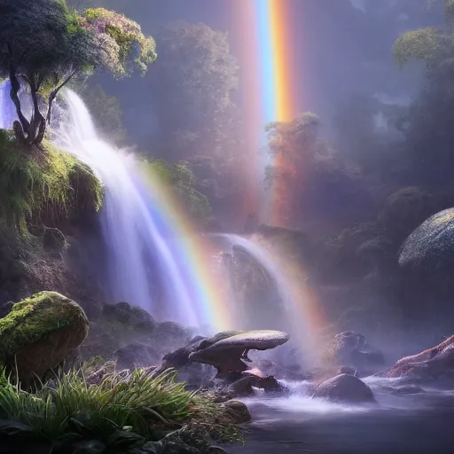 Image similar to tom bagshaw, soft painting render curiosities pond vegetation rocks gigantic mushrooms covered moss scintillating flying bioluminescent wisps, a beautiful waterfall rainbow wildlife, accurate features, focus, very intricate ultrafine details, random volumetric lighting, fog, award winning masterpiece, octane render 8 k hd, artstation