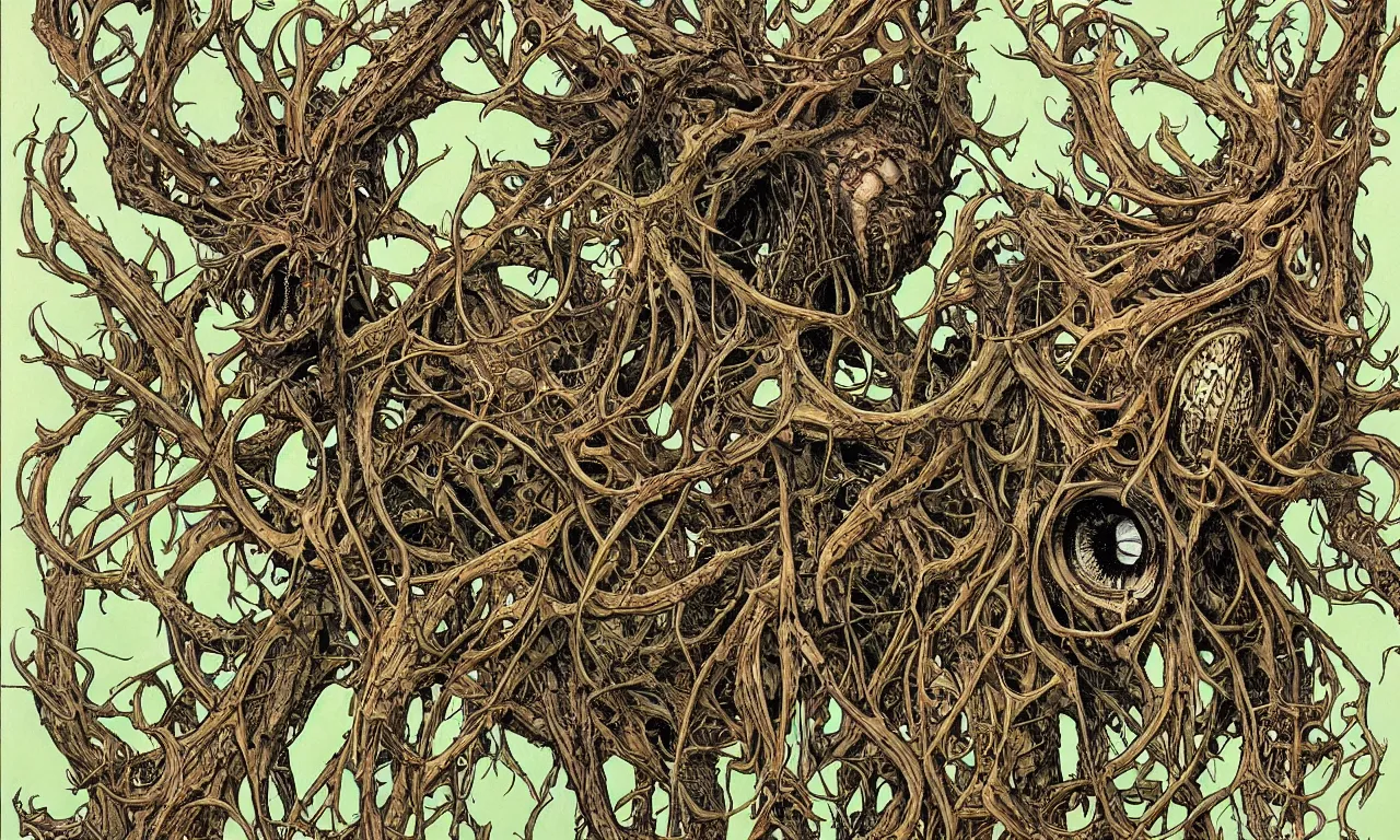 Image similar to hyperdetailed art nouveau portrait of treebeard as a cthulhu eyeball skull wendigo cryptid, by geof darrow, simon bisley and bill sienkiewicz, grim yet sparkling atmosphere, photorealism, claws, skeleton, antlers, fangs, forest, wild, crazy, horror, lynn varley, lovern kindzierski, steve oliff