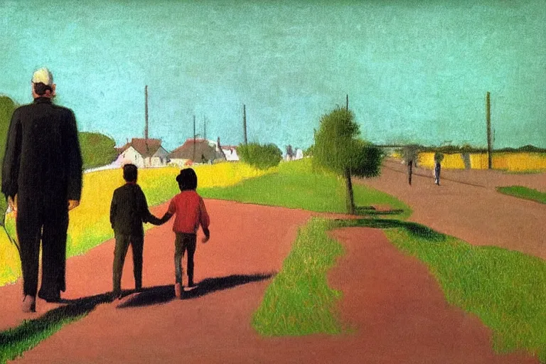 Prompt: a very tall man named John with dark hair holding the hands of a short young boy named Alex with dark hair as they walk down a suburban highway on a bright beautiful colorful day. part in the style of an edgar degas painting. part in the style of david hockney