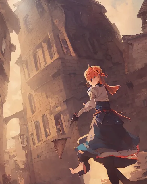Prompt: key anime visual portrait of a young female walking through a medieval village, dynamic pose, dynamic perspective, cinematic, detailed silhouette, film grain, tending on artstation, face by yoh yoshinari, detailed, intricate