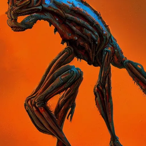 Image similar to scifi art by Greg Rutkowski, hideous monster made of twisted human flesh and reddish ooze, lumpy bloated upper body with elongated, thin limbs like a mantis, small head like a ball with two empty holes for eyes, only human beings are its legs, vicious appearance, scifi, space horror, digital painting, artstation, concept art, smooth, sharp foccus ilustration, Artstation HQ.