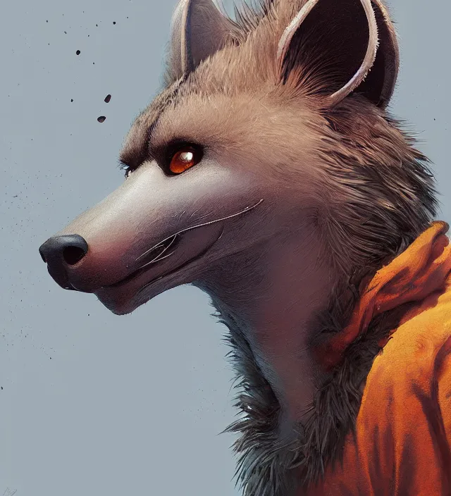 Image similar to a beautiful portrait of a handsome male anthropomorph brown hyena furry fursona wearing a hoodie. character design by cory loftis, fenghua zhong, ryohei hase, ismail inceoglu and ruan jia. artstation, volumetric light, detailed, photorealistic, rendered in octane