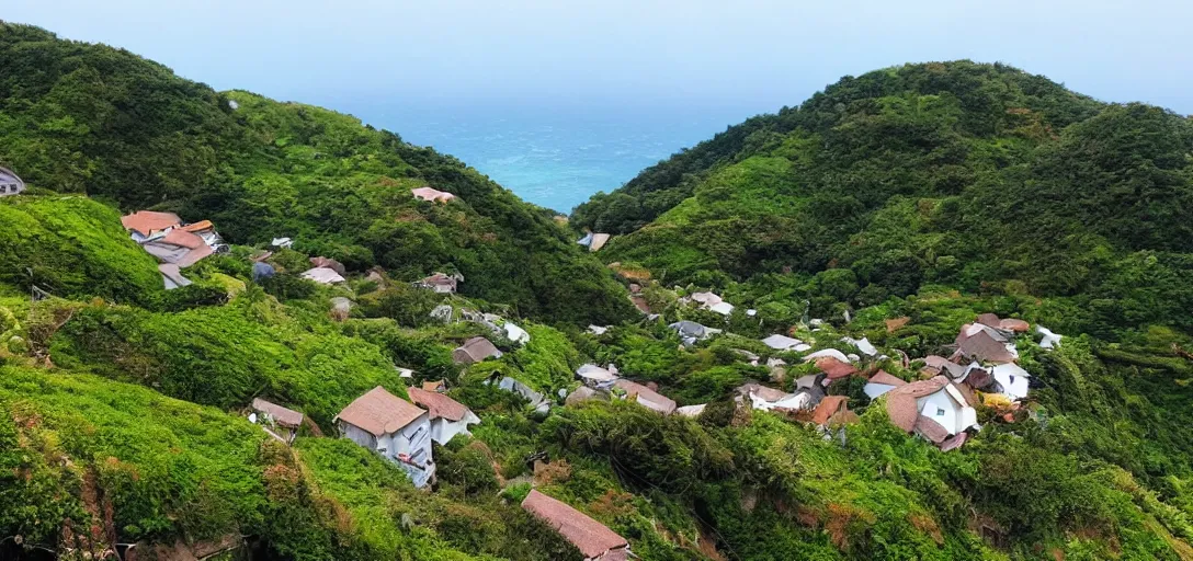 Image similar to studio ghibli hilly countryside and ocean