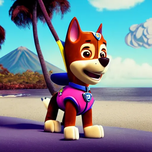 chase from paw patrol is standing on the beach, Stable Diffusion