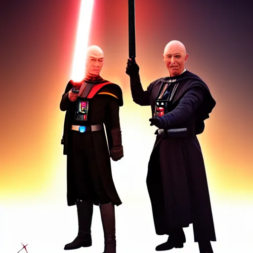 Image similar to a hyper real comic book style portait painting of captain picard and darth vader with the light sword, unreal 5, hyperrealistic, octane render, cosplay, rpg portrait, dynamic lighting