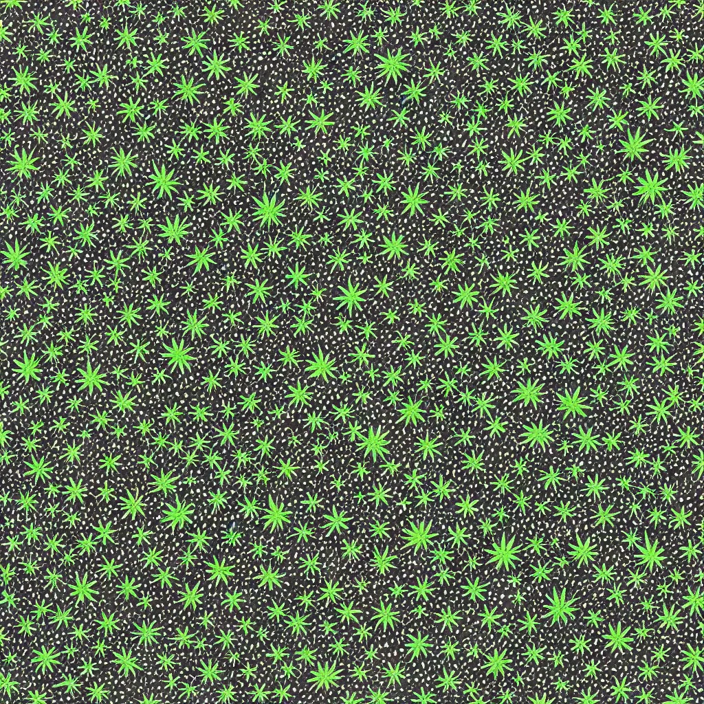 Image similar to camo made of out cannabis, smiling, abstract, maya bloch artwork, do hoang tuong artwork, cryptic, dots, stipple, lines, abstract, geometry, splotch, concrete, color tearing, uranium, acrylic, neon, pitch bending, cannabis plant leaves, faceless people, dark, ominous, eerie, minimal, points, technical, painting