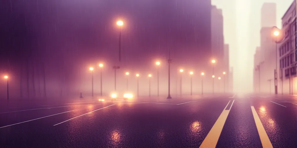 Image similar to some cars driving on deserted city street, fog, rain, volumetric lighting, beautiful, golden hour, sharp focus, ultra detailed, cgsociety